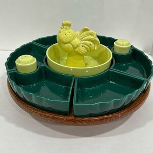 MCM lazy Susan and rooster toothpick holder.